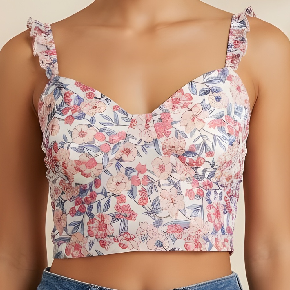 NWT Kendall + Kylie blue and pink cottagecore floral ruffle strap crop top - XL